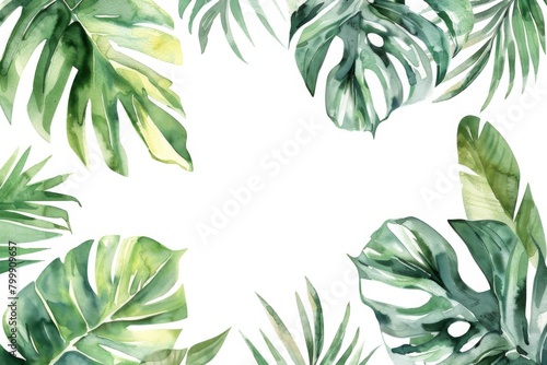 Watercolor tropical leaves frame on a white background