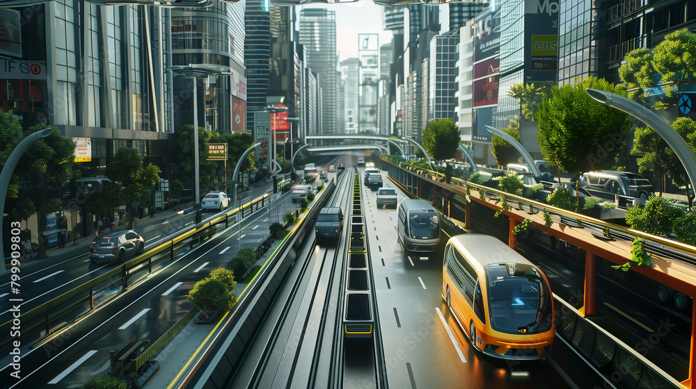 Fototapeta premium a driverless city where autonomous vehicles navigate seamlessly through traffic, reducing accidents and congestion while optimizing transportation efficiency.
