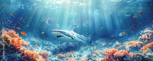 View on the shark hunting underwater in sea. Animal wildlife concept.