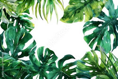 Watercolor tropical leaves frame on a white background photo