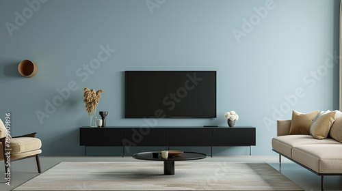 Minimalist room with pastel blue wall, sleek black TV cabinet, and beige fittings.
