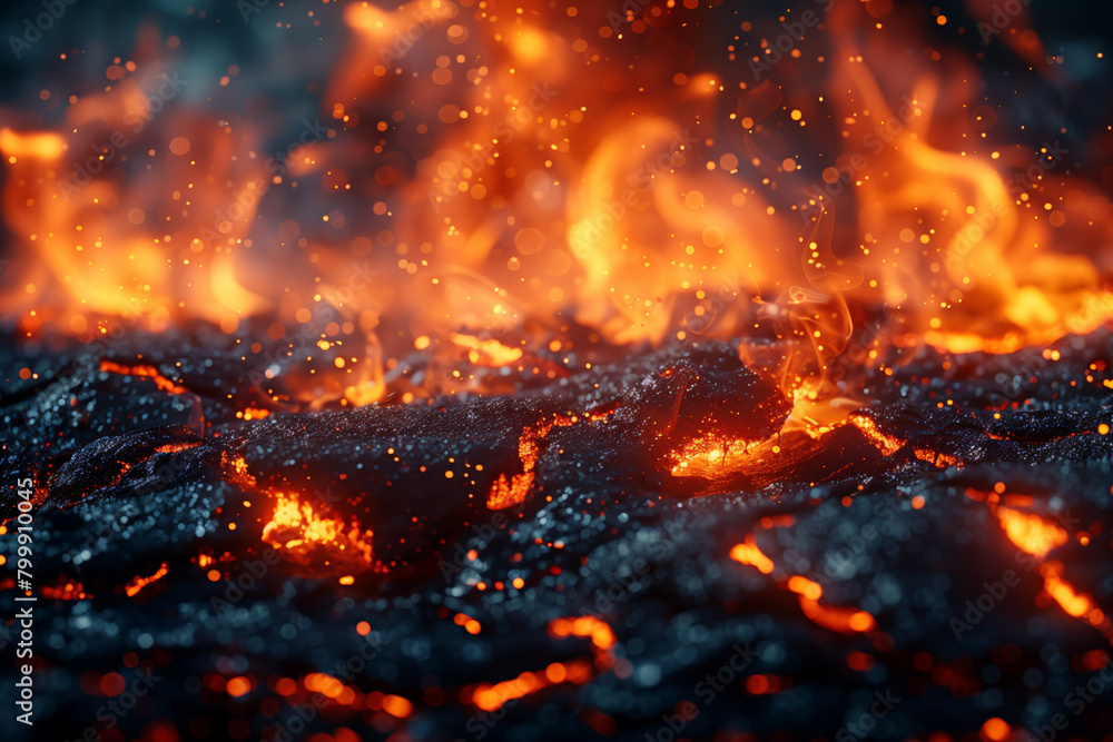 Intense bright orange flames close up during volcanic eruption, concept of hell
