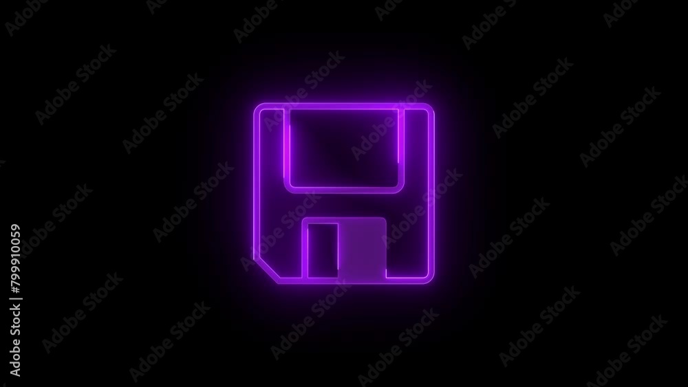 Floppy disk icon glowing neon purple color animation black background Floppy disk icon glowing neon purple color animation black background