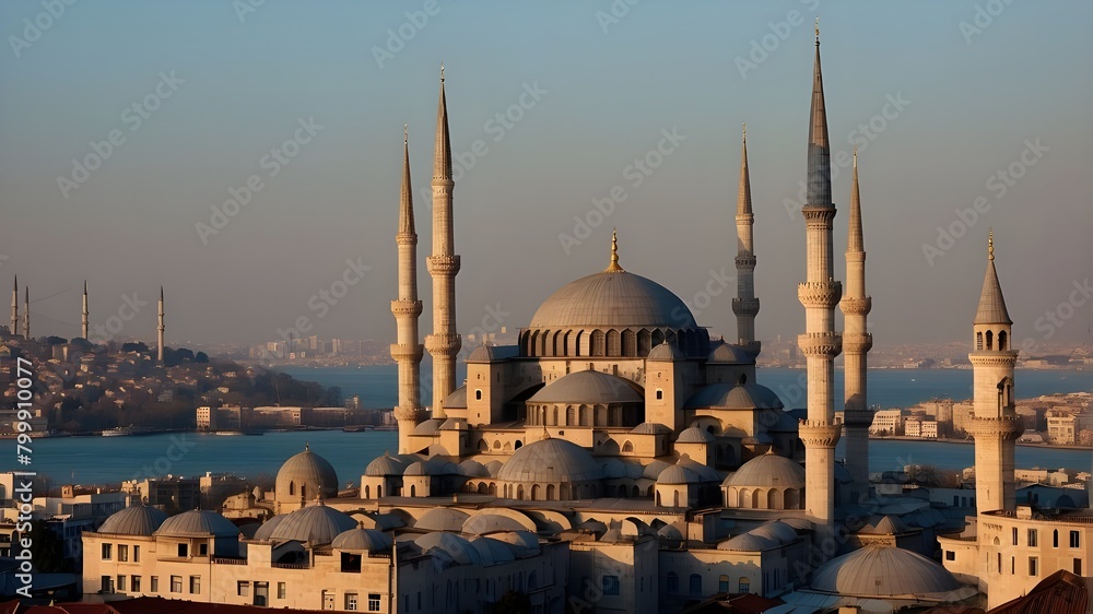 /imagine: In the heart of Istanbul, the Turkish traditional Arabic mosque architecture stands as a beacon of tranquility amidst the bustling city streets. Soft, diffused light bathes the intricately d