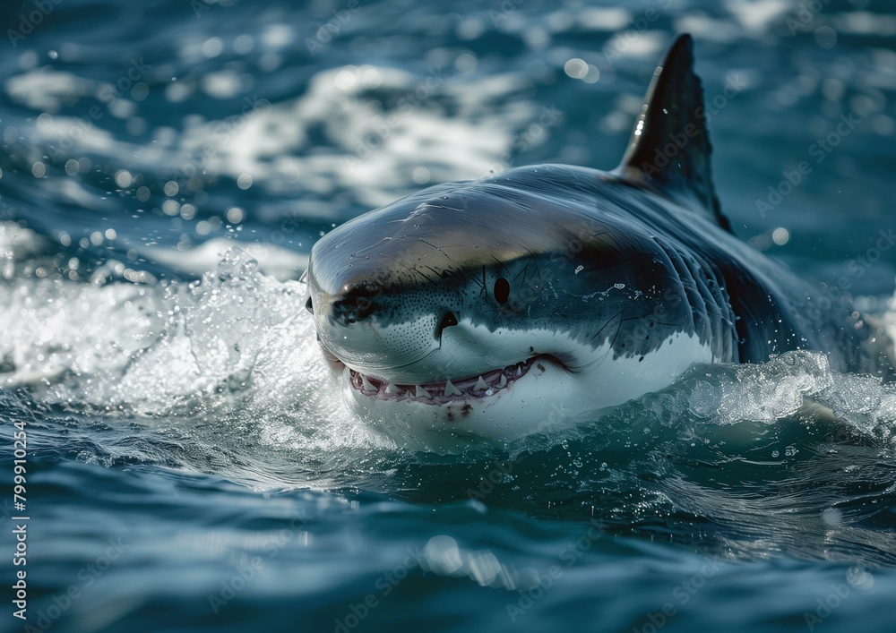 Fototapeta premium Majestic Great White Shark Emerging from Ocean Waves Close-Up