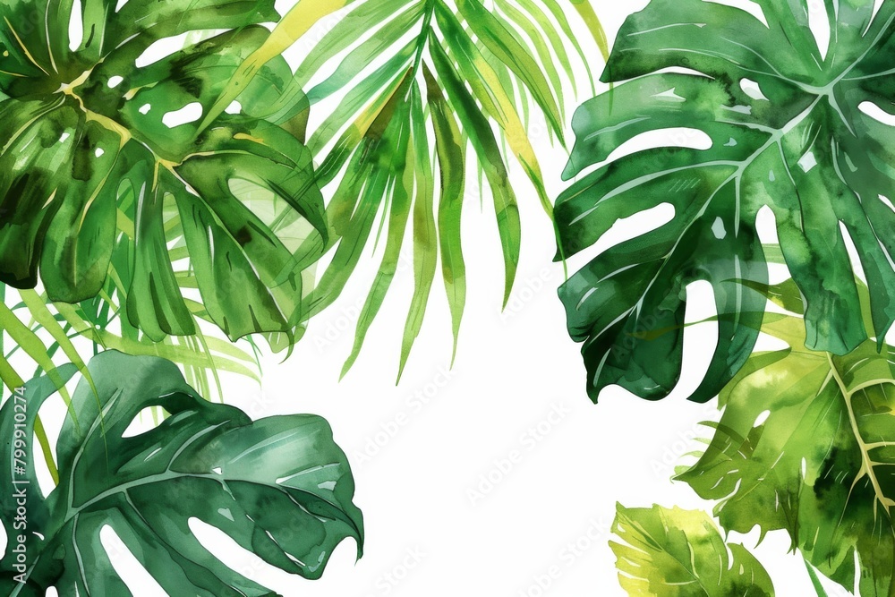 Obraz premium Watercolor tropical leaves frame on a white background