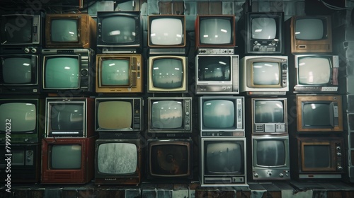 Wall of vintage televisions stacked in rows, displaying various static and patterns.