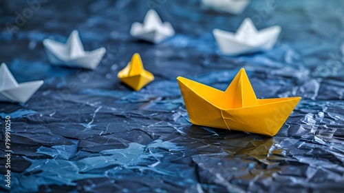 Bright yellow paper boat amidst white boats on blue water. A standout concept in a sea of sameness. Creative and vivid paper craft scene. AI photo