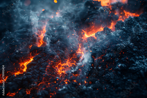 Massive lava flow and smoke creating an inferno landscape, catastrophe, danger, apocalypse concept