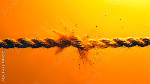 Breaking point captured in a dramatic moment, a rope fraying against a sunset backdrop. AI photo