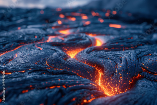 Fototapeta Naklejka Na Ścianę i Meble -  Lava flowing through cracks in a volcanic landscape at dusk, beautiful power of nature concept