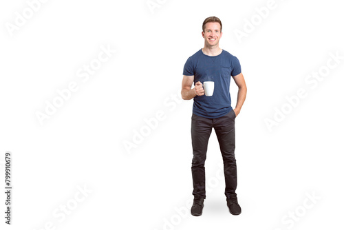Full Length Portrait of a Smiling Man with a Coffee Mug Isolated on Transparent Background