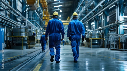 Men walking in an industry in safety suits and helmets 