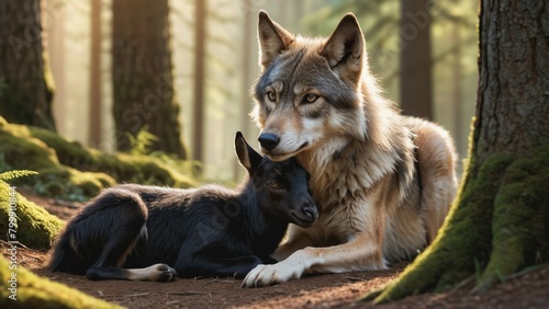 Friendly wolf and baby goat