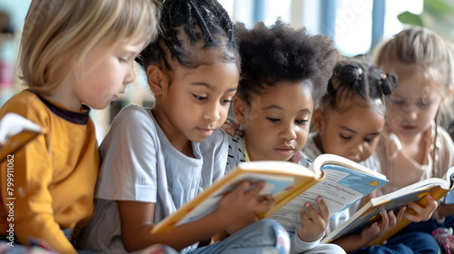 Group of multiethnic children reading a book together at school