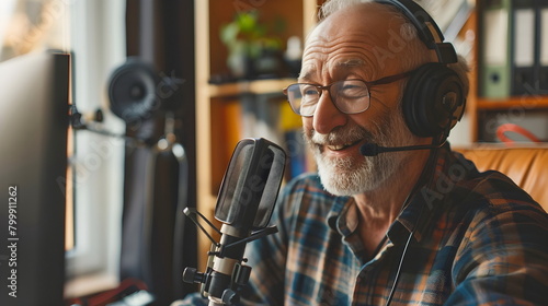 old man giving an interview in a studio with headphones on and a microphone recording