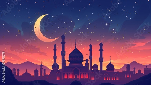 Vibrant illustration of a mosque with domes and minarets against a twilight sky with stars and a crescent moon.