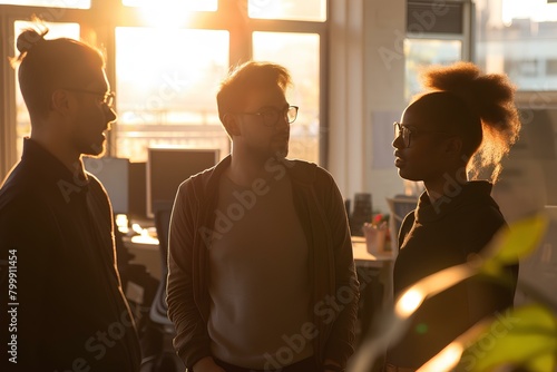 two young man and a woman who are working in a company office, they are having a conversation while standing, golden hour light through window. generative AI