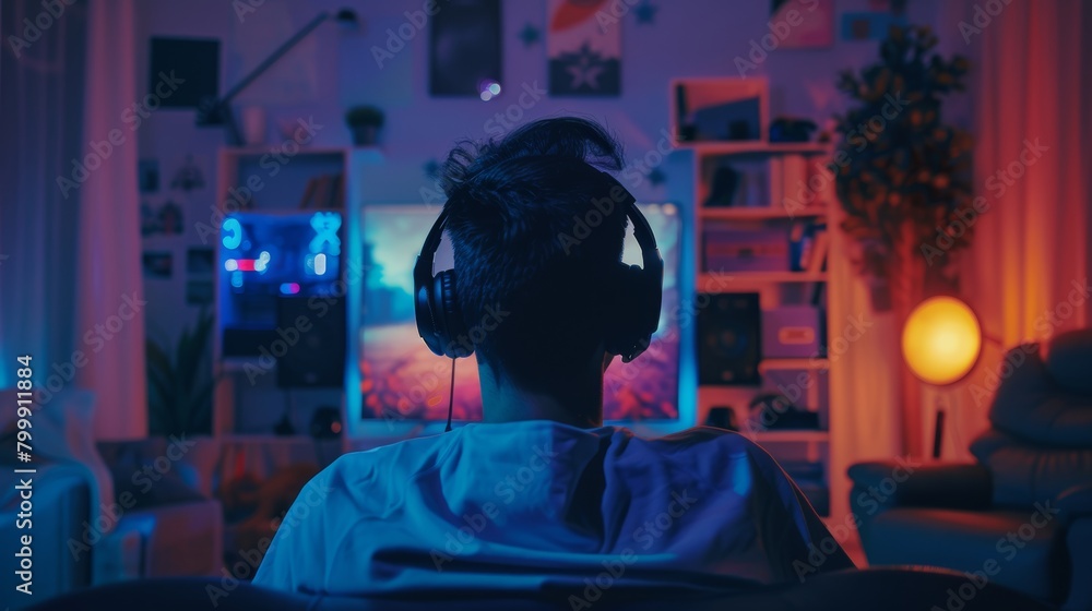 gamer finishing mission in game at gaming room.Professional Gamer Playing First-Person Shooter Online Video Game on His Powerful Personal Computer gamer finishing mission in game at gaming room.Professional Gamer Playing First-Person Shooter Online Video Game on His Powerful Personal Computer