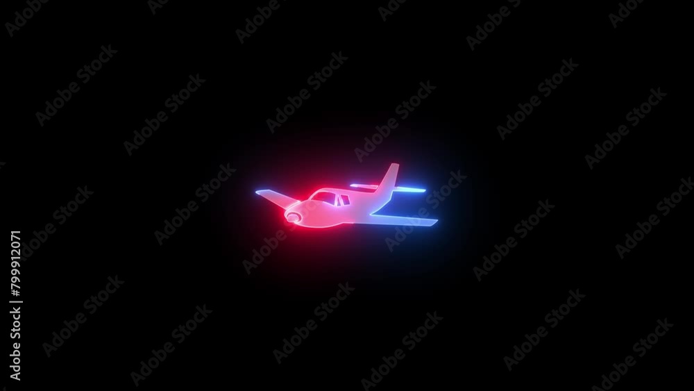 Neon aeroplane icon blue red color glowing animated black background Neon aeroplane icon blue red color glowing animated black background