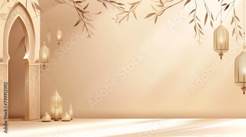 Elegant monochromatic Eid Mubarak themed banner with intricate arches, lanterns, and leafy branches.
