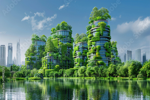 Architecture  sustainability and environment with buildings in city for carbon footprint  eco friendly  green plants.
