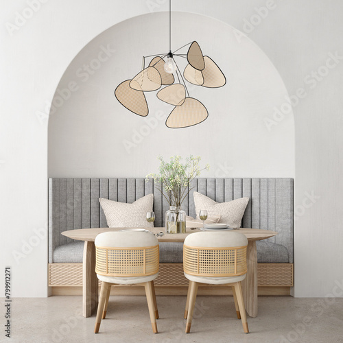 Boho style dining room with wicker furniture .3d rendering