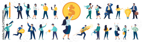 Flat vector illustration. Set of business people in the process of work. Diverse men and women solving business problems, doing work assignments, explaining presentation, clerks doing office tasks