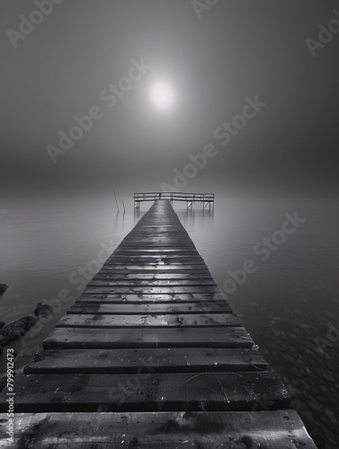 Misty Lake Pier Under Moonlight