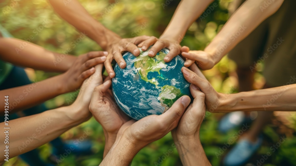 A group of people holding hands and standing around the Earth globe ...