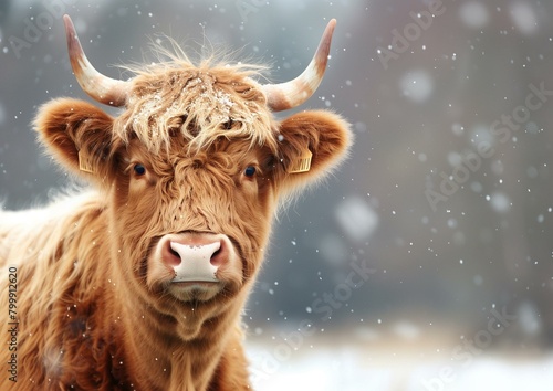 Majestic Highland Cow in Snowy Weather with Snowflakes on Fur