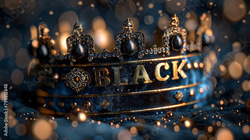 Regal Crown with Black Gems on Blue Bokeh Background