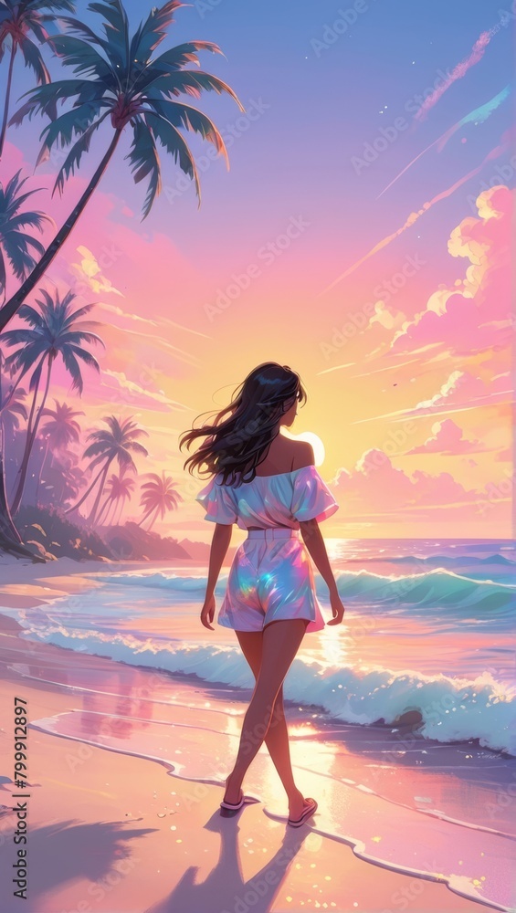 Girl Enjoying Beach Waves, beach sunset, Palm Tree & Ocean Waves, Girl Finding Peace on the Beach, vacation illustration, girl enjoy holidays, pastel sunset clouds, self love girl illustration Girl Enjoying Beach Waves, beach sunset, Palm Tree & Ocean Waves, Girl Finding Peace on the Beach, vacation illustration, girl enjoy holidays, pastel sunset clouds, self love girl illustration
