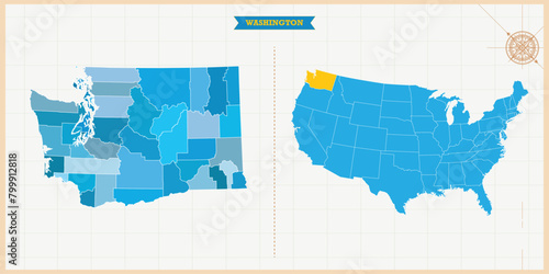 A Map highlighting Washington in the USA Map, Washington and USA modern map with Colorful Hi detailed Vector, geographical borders