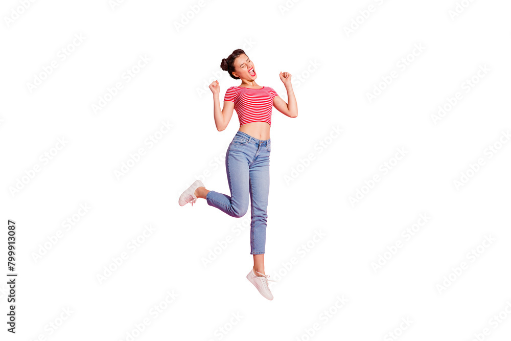 Full length body size photo yelling beautiful she her lady pomade lips jump high sale discount shopping store mall wear casual jeans denim striped red white t-shirt sit floor isolated pink background Full length body size photo yelling beautiful she her lady pomade lips jump high sale discount shopping store mall wear casual jeans denim striped red white t-shirt sit floor isolated pink background