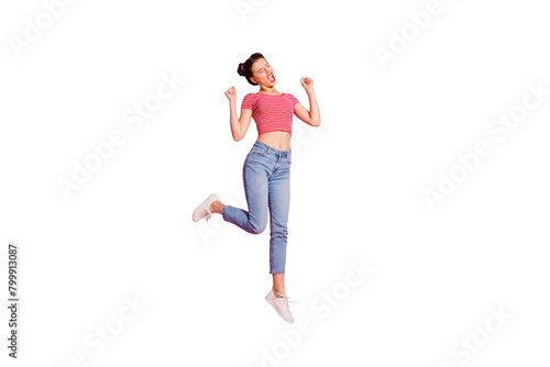 Full length body size photo yelling beautiful she her lady pomade lips jump high sale discount shopping store mall wear casual jeans denim striped red white t-shirt sit floor isolated pink background