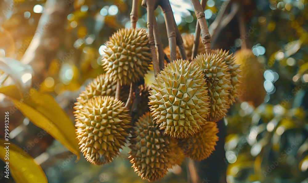 Close up of durain on the tree Ripening durian fruits in morning sunlight Close up of durain on the tree Ripening durian fruits in morning sunlight