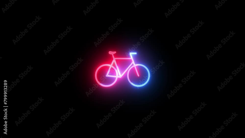 Neon pedal cycle icon blue red color glowing animated black background Neon pedal cycle icon blue red color glowing animated black background