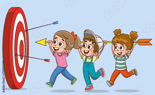 vector illustration of kids succeeding by cooperating.students going to the goal together