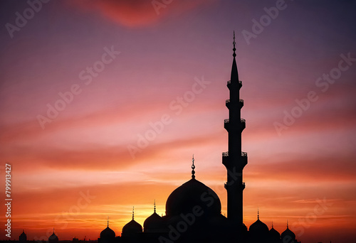 a silhouette of a mosque in the sunset sky background