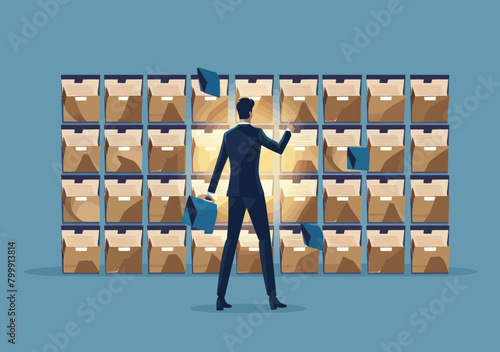 Businessman organizing files into archive folders - administration work, online data file management, paperwork arrangement concept, minimalistic illustration