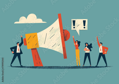 Alert Announcement: Business Professionals with Megaphone and Exclamation Sign - Communicating Urgent Message, Breaking News, or Important Warning