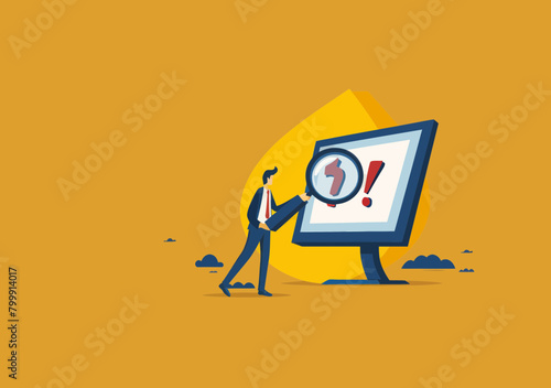 Businessman investigating critical failure on monitor magnifier, resolving incident risk exclamation attention sign minimal vector
