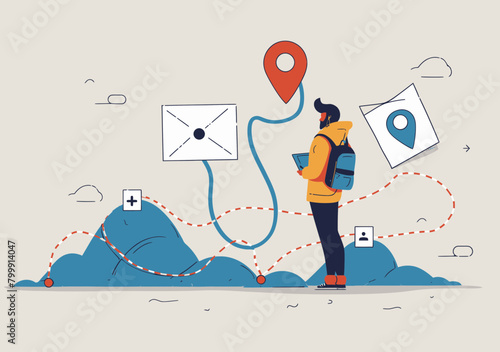 Businessman Communicating Business Contact Information - Phone, Email, Location Pin, Minimalist Illustration for Customer Service Concept