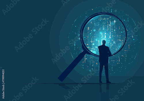 Businessman Exploring New Websites with Magnifier, Concept of Search Engine Optimization, SEO, and Discovering Online Information for Job or Research