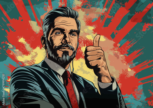 Smiling businessman with thumbs up telemarketing call - vector success salesman phone call concept illustration for lead generation, sales promotion, prospect pitching