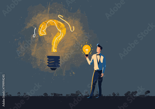 Businessman with Lightbulb Solution and Question Mark: Creative Problem-Solving, FAQ, Idea Concept, Smart Professional Providing Answers