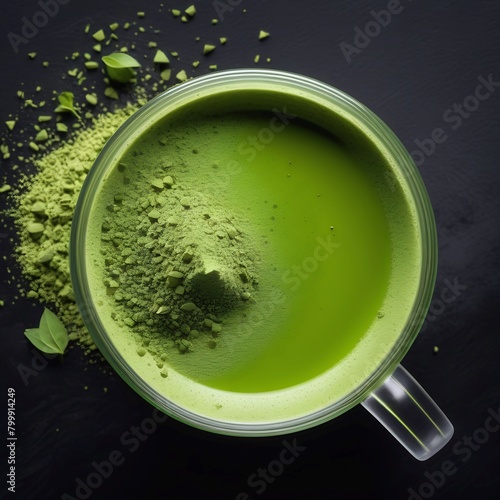 Top view of green matcha tea drink in a cup and scattered finely ground matcha tea powder around the cup on the surface against a black background close up.