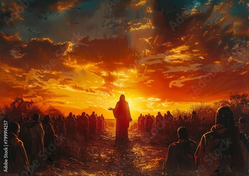 Painting of Jesus talking to crowd, sunset, AI generated