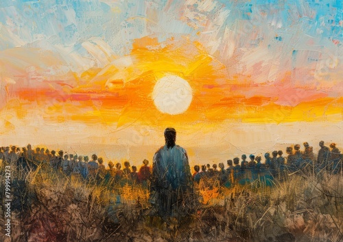 Painting of Jesus talking to crowd, sunrise, AI generated